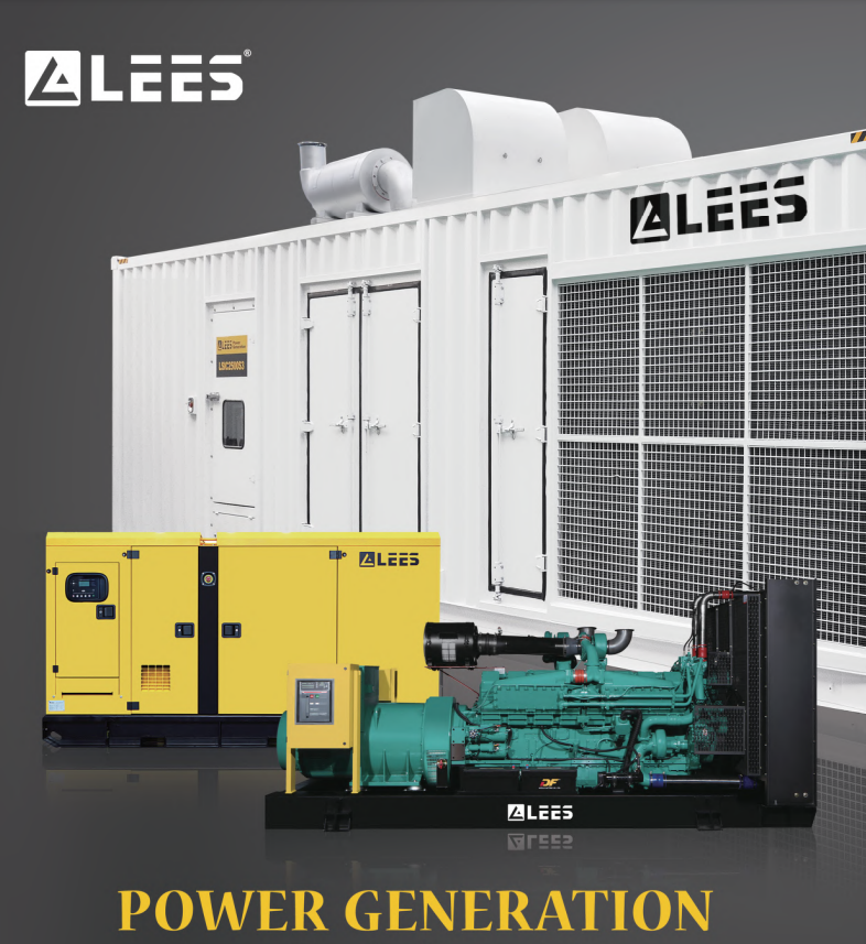 varias plantas eléctricas marca Lees, abierta, con gabinete y en contenedor.